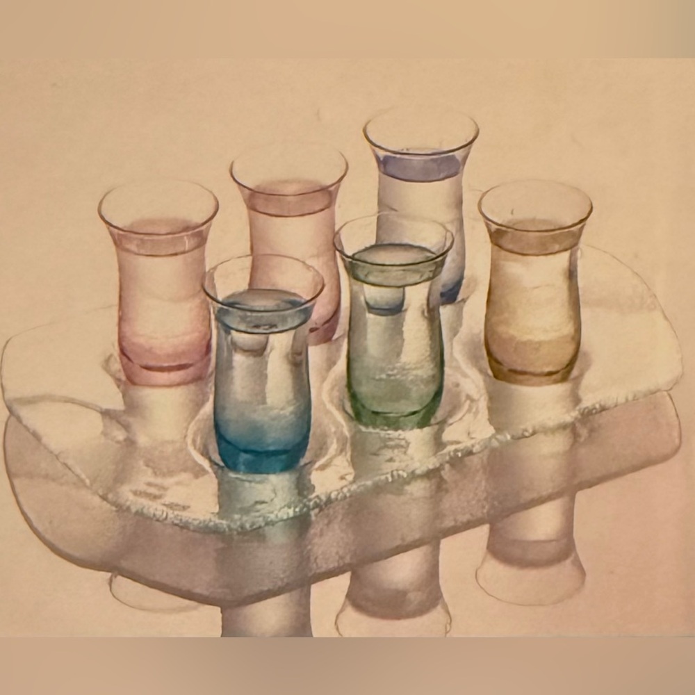 NIB set of 6 colored glass cordials with a glass tray.